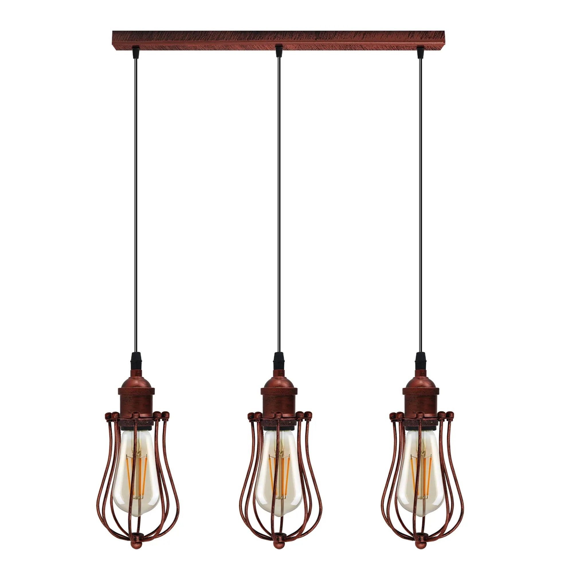 Un-branded Vintage Industrial Rustic Red 3 Head Reactangle Base Pendant Cord E27 Metal Brushed Light Fitting Ballon Cage Lamp Shade - Pendant Lights
