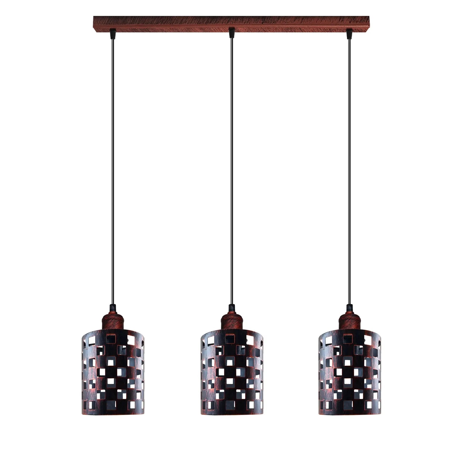 Un-branded Vintage Industrial Rustic Red 3 Head Reactangle Base Pendant Cord E27 Metal Brushed Light Fitting Barel Cage Lamp Shade - Pendant Lights