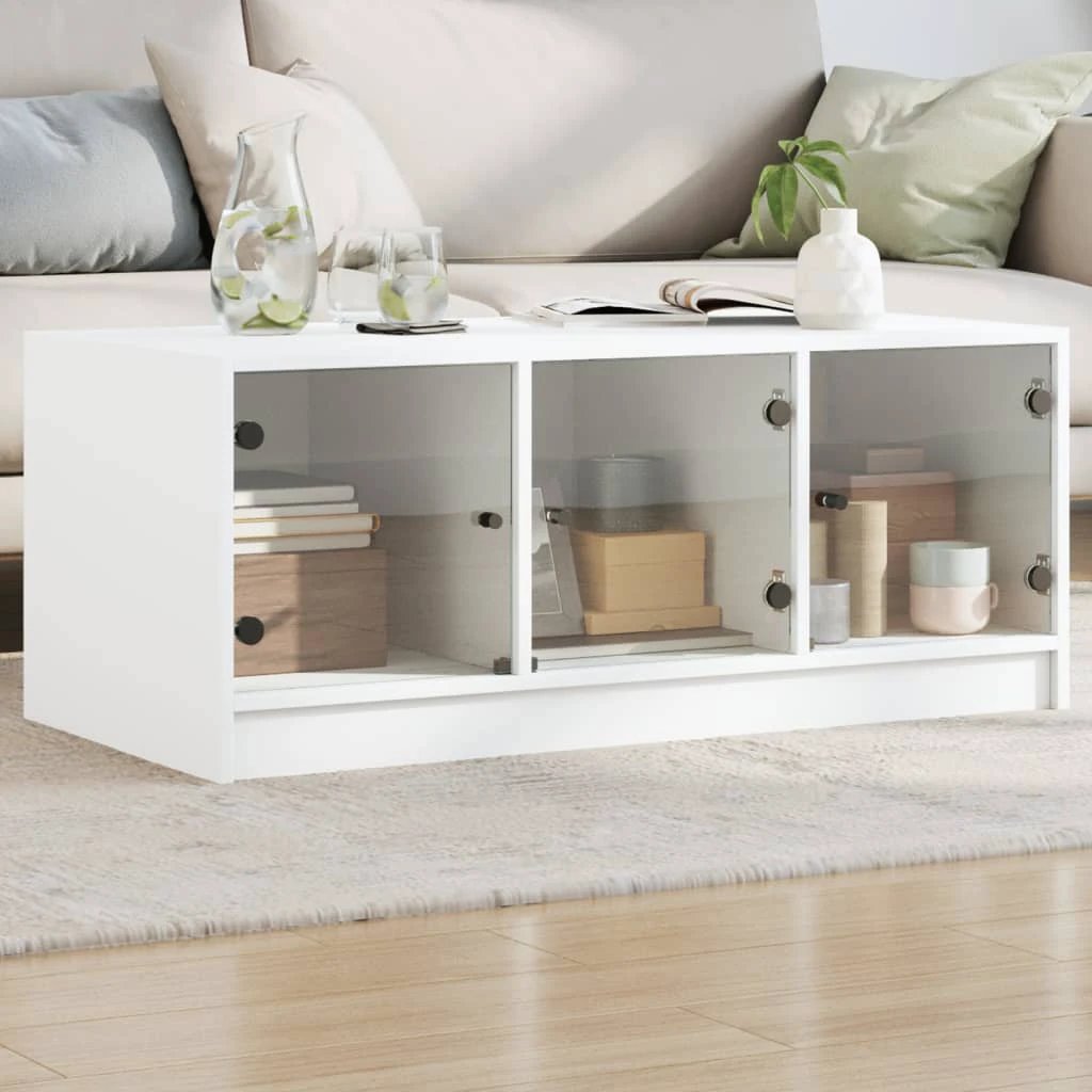 VidaXL Coffee Table White Glass Doors 102x50x42 Cm Moisture Resistant Living Room Storage by vidaXL