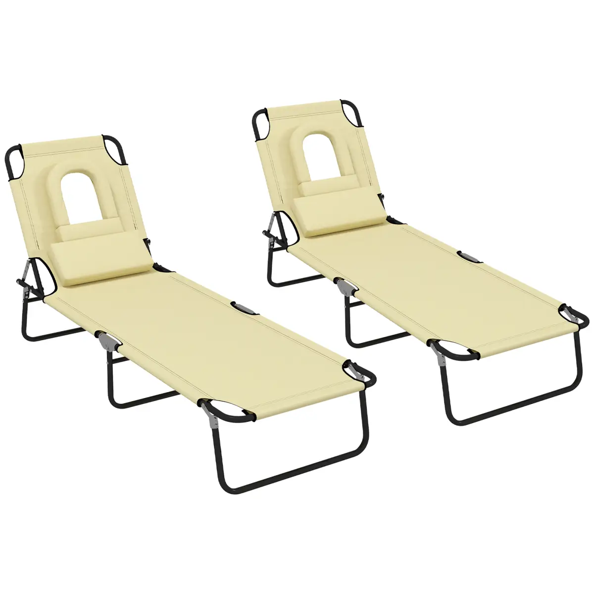 Outsunny Outsunny Folding Sun Lounger Set of 2 Reclining Chair with Reading Hole Beige - Sun Lounger