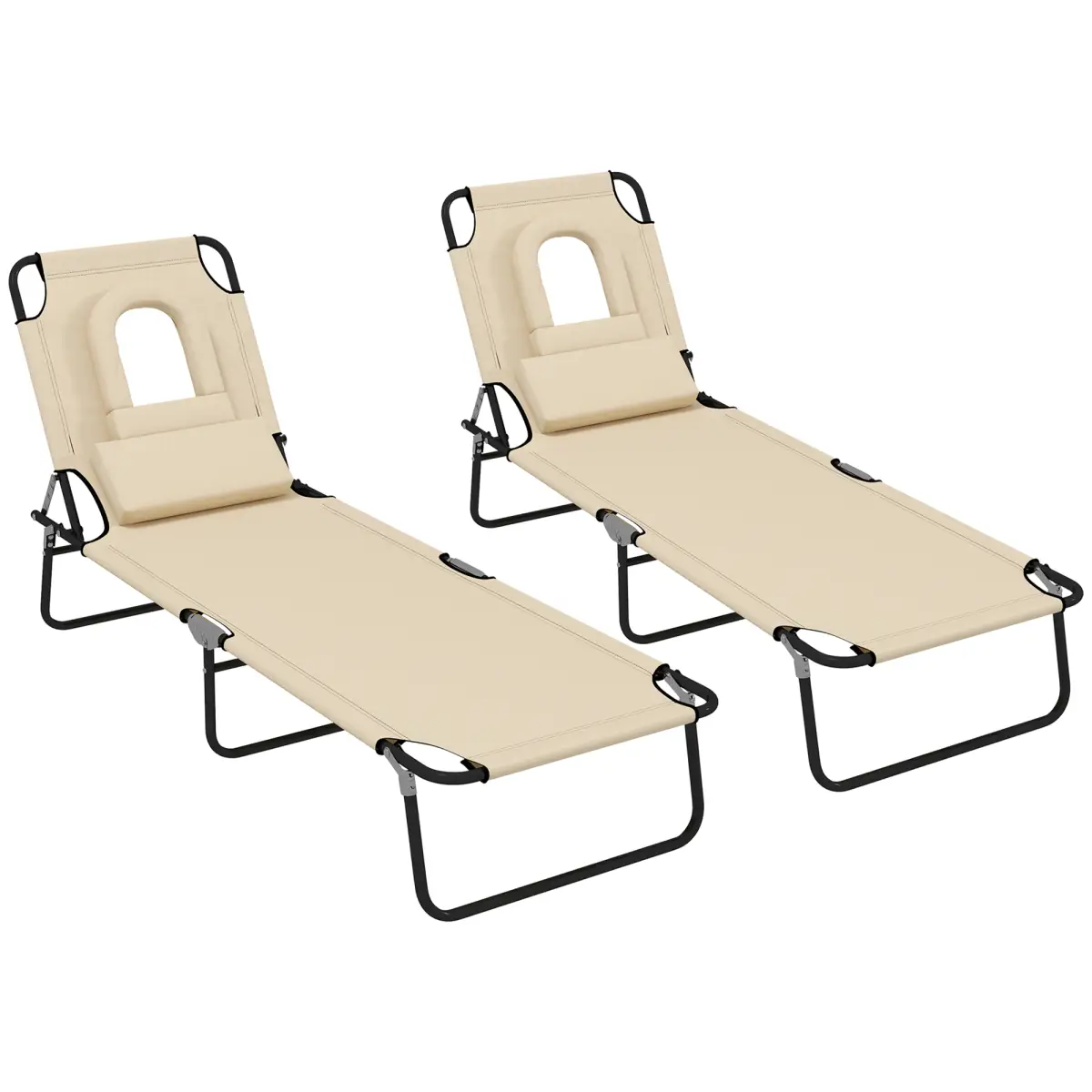 Outsunny Outsunny Folding Sun Lounger Set of 2 Reclining Chair with Reading Hole Beige - Sun Lounger