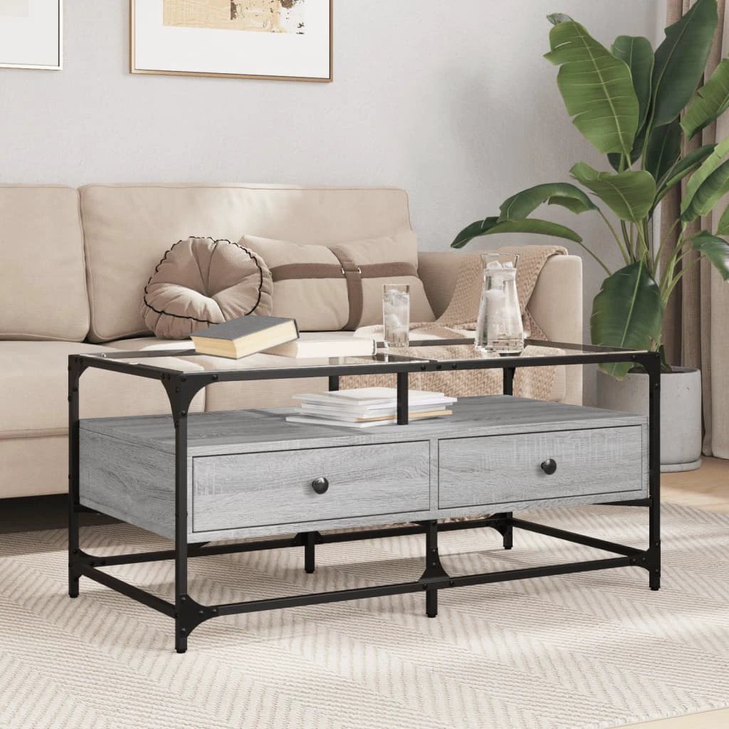 VidaXL Coffee Table 98.5x50x45 cm Glass Top Black Steel by vidaXL