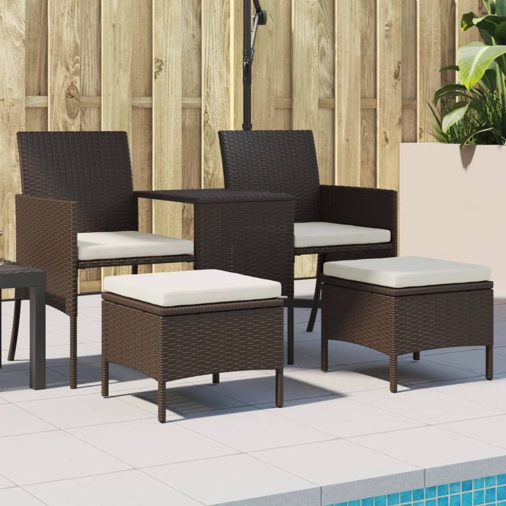 vidaXL Garden Sofa 2-Seater with Table and Stools Brown Poly Rattan by vidaXL