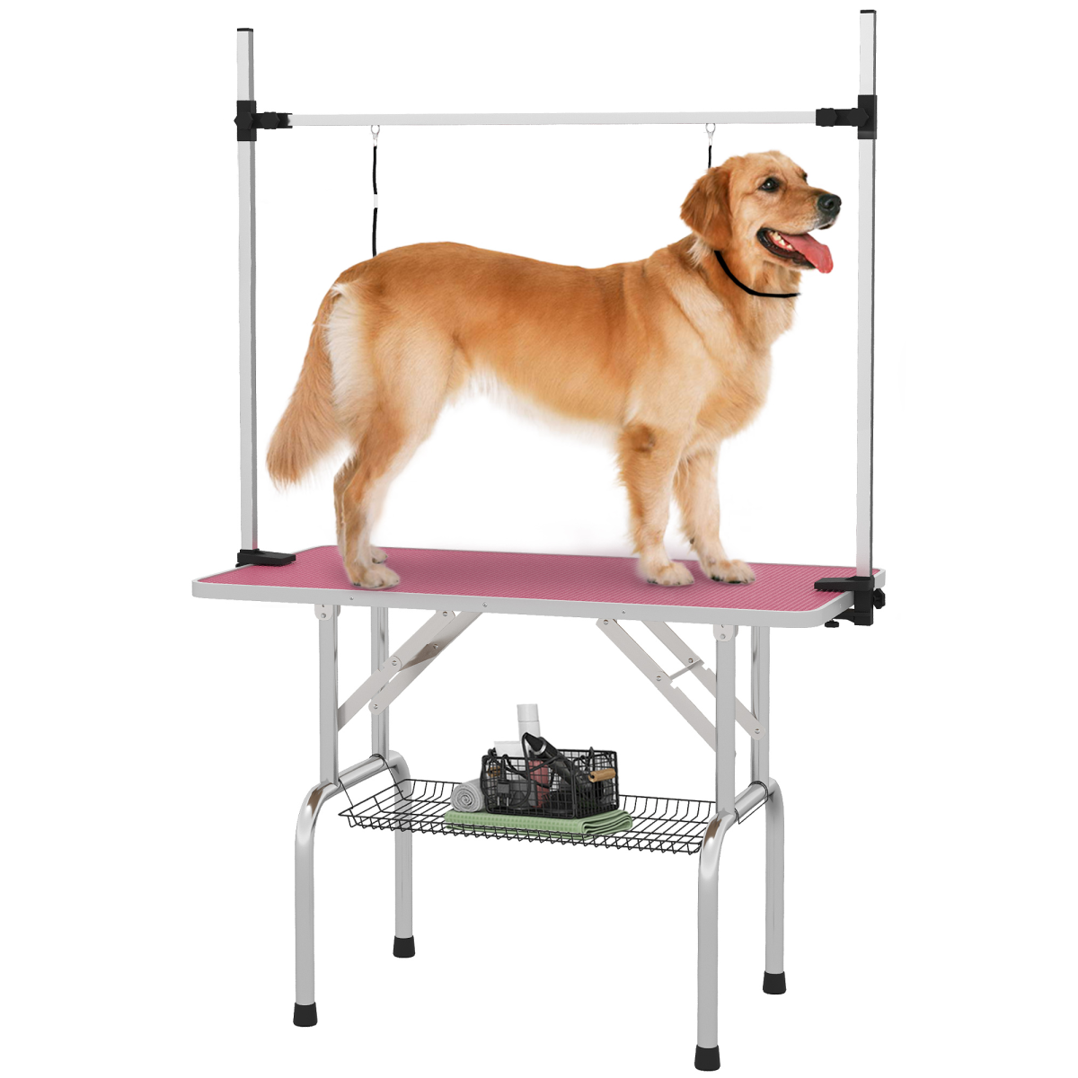 PawHut Metal Adjustable Dog Grooming Table Rubber Top 2 Safety Slings Mesh - from PawHut