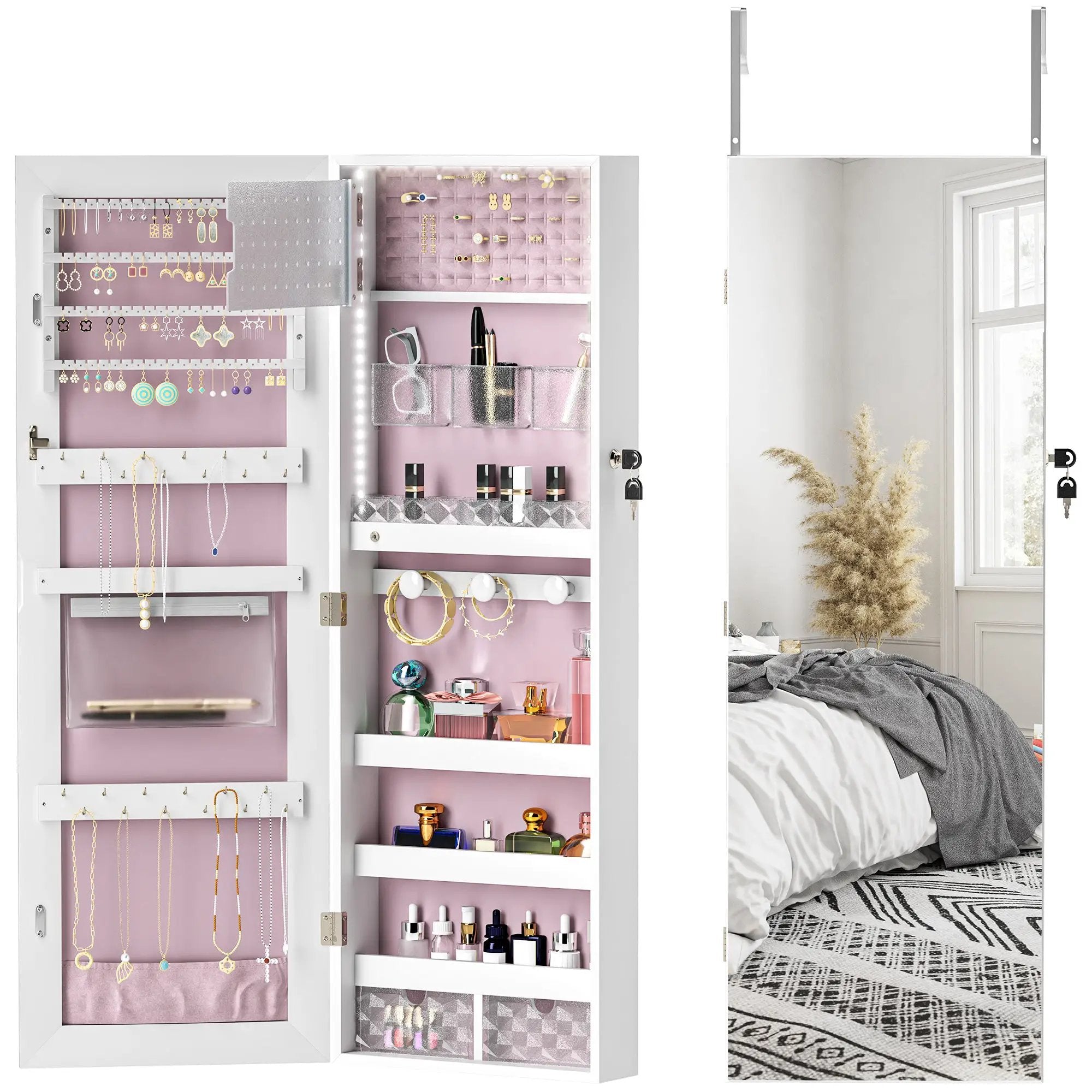HOMCOM HOMCOM Door Hanging or Wall Mounted Jewellery Cabinet w/ Mirror Black Lining - Display Cabinet