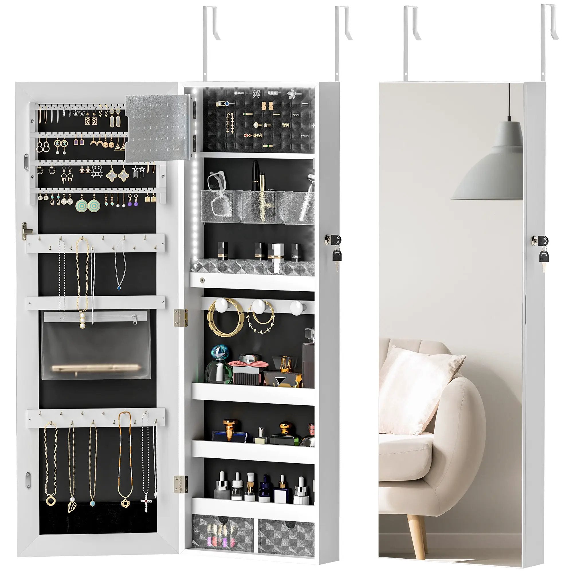 HOMCOM HOMCOM Door Hanging or Wall Mounted Jewellery Cabinet w/ Mirror Black Lining - Display Cabinet