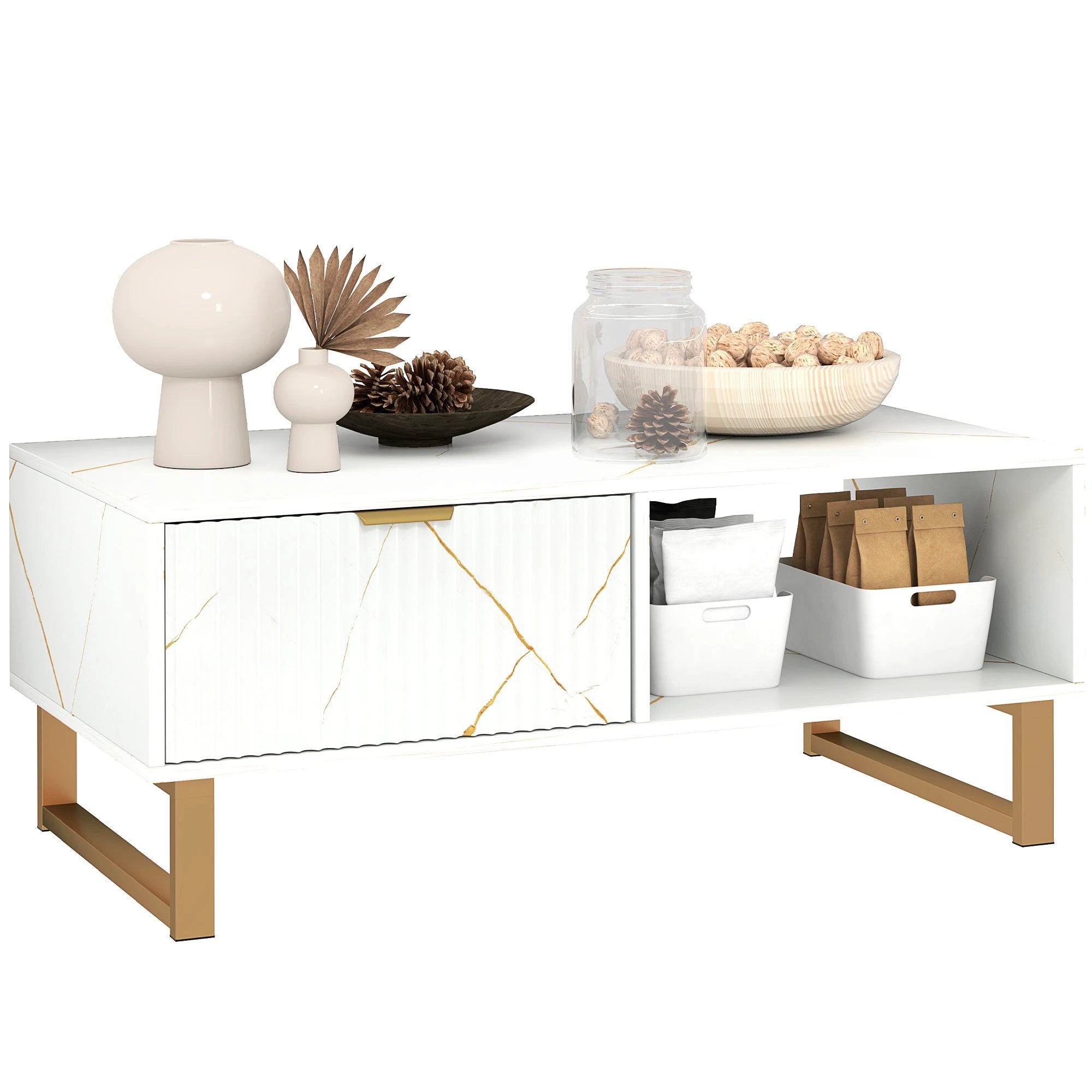 HOMCOM Marble Pattern Coffee Table With Fluted Drawer And Open Shelves Gold Accents For Living Room by HOMCOM
