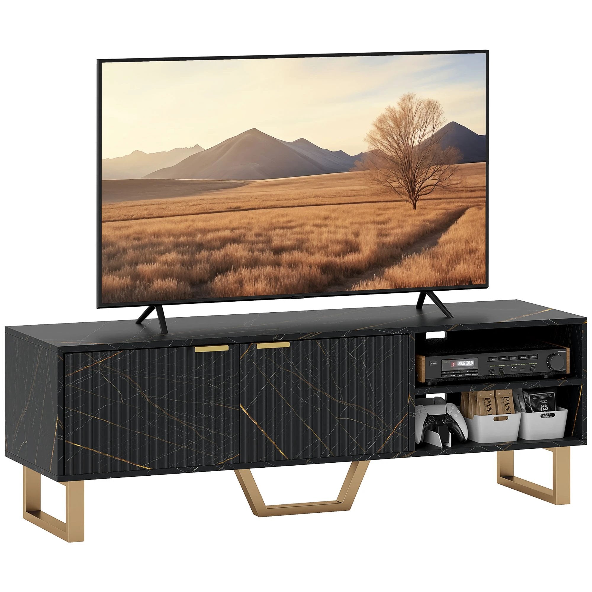 HOMCOM Stylish TV Stand Large Fluted Doors For Living Room - TV Unit