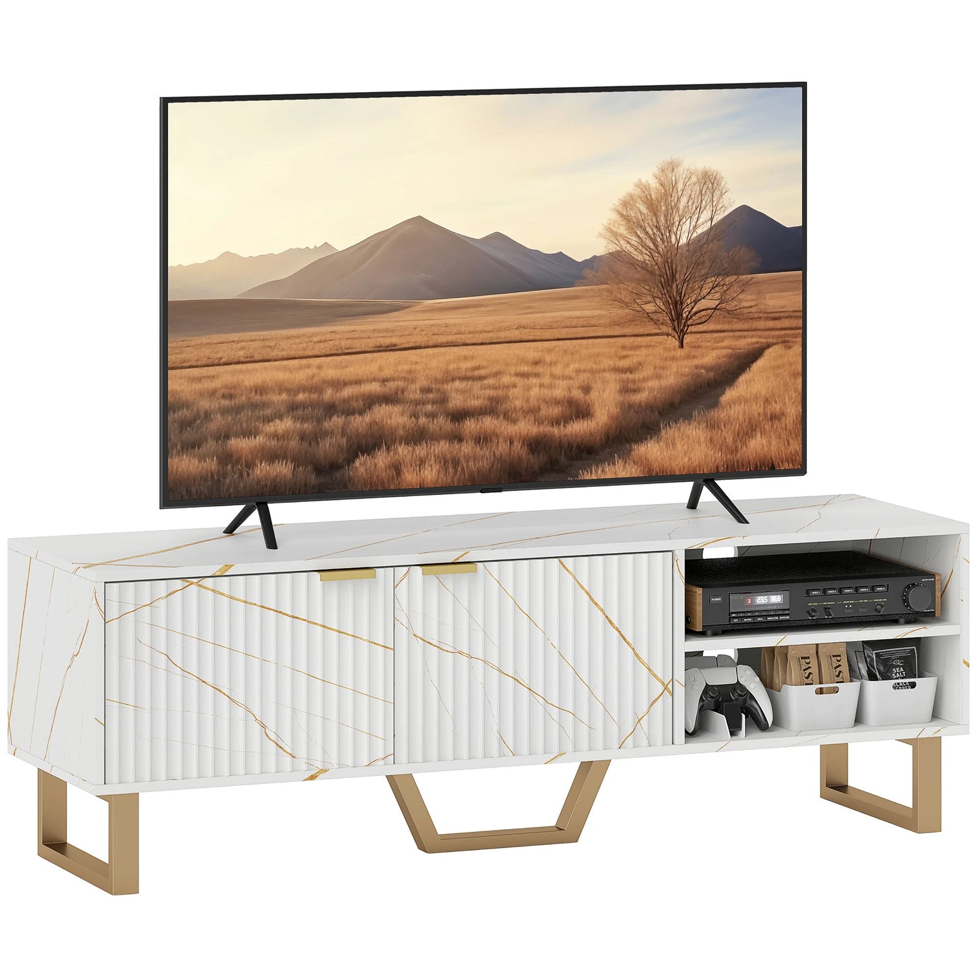 HOMCOM Stylish TV Stand Large Fluted Doors For Living Room - TV Unit