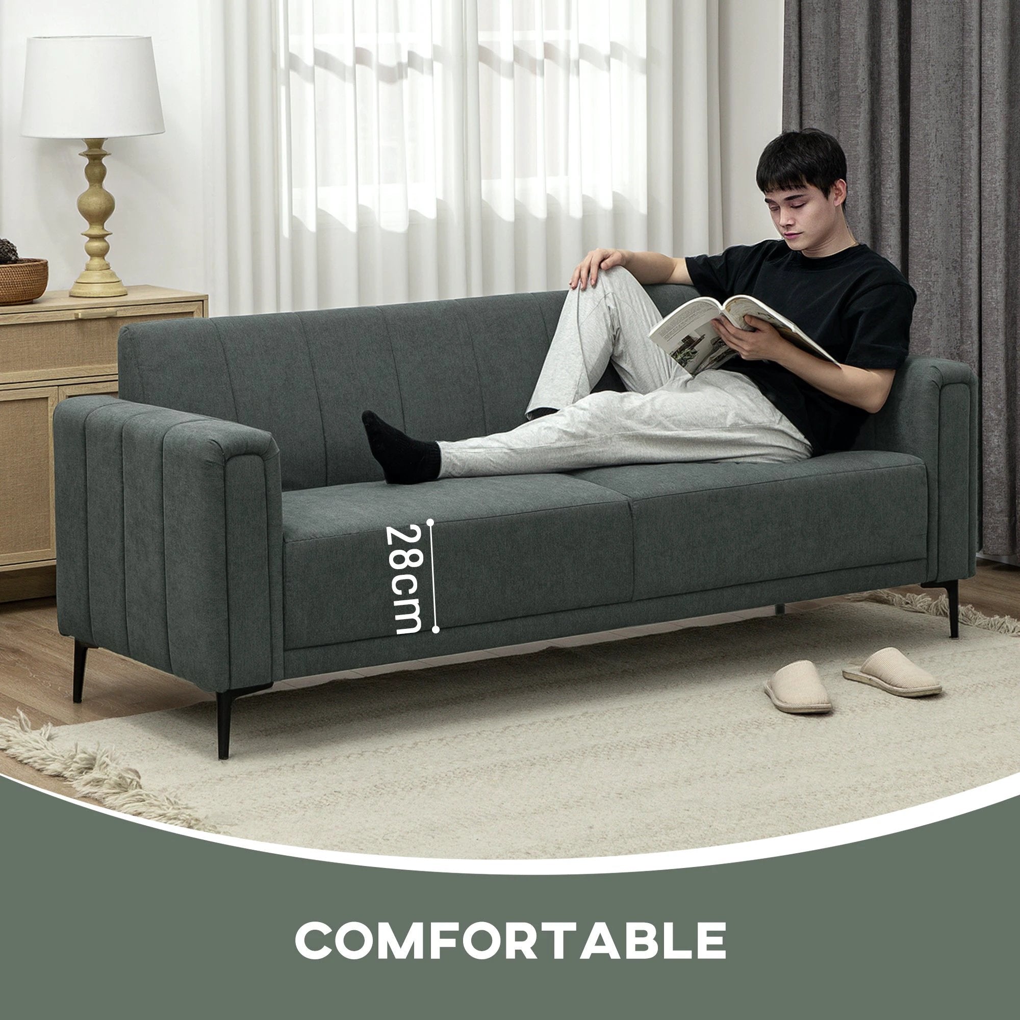 HOMCOM Three Seater Sofa Full Size Channel Tufted For Home by HOMCOM