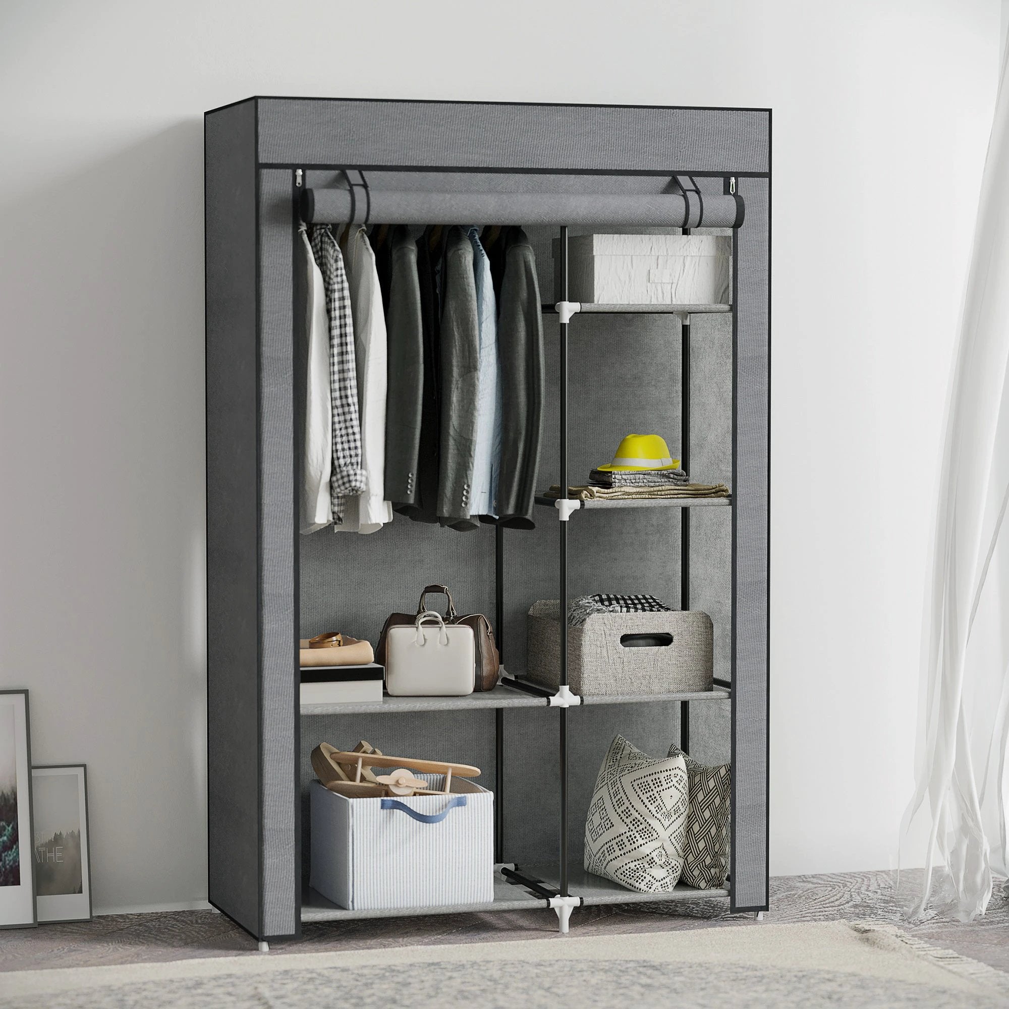HOMCOM Fabric Wardrobe w/ Shelves Hanging Rail Foldable Closets by HOMCOM