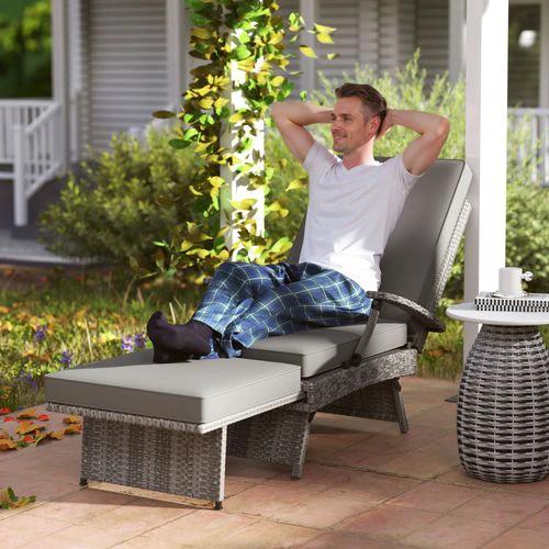 Outsunny Outsunny Foldable Rattan Garden Recliner Chair with Cushion and Footrest for Outdoor Relaxation and Comfort - Sun Lounger