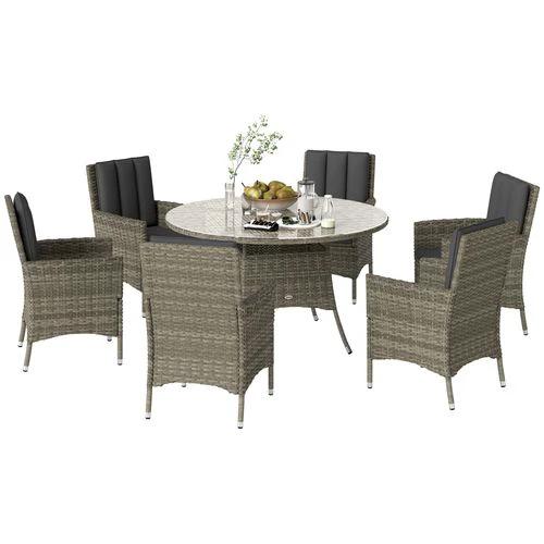 Outsunny Outsunny 6 Seater Rattan Outdoor Dining Set with Tempered Glass Top and Cushions for Family Gatherings - Garden Set