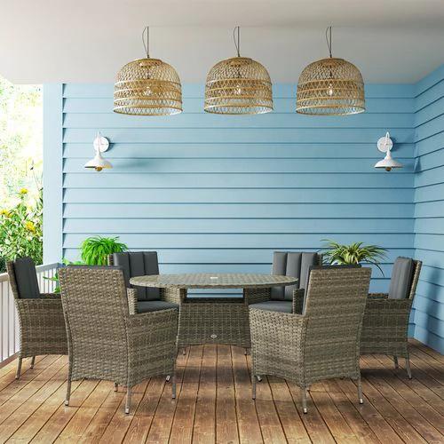 Outsunny Outsunny 6 Seater Rattan Outdoor Dining Set with Tempered Glass Top and Cushions for Family Gatherings - Garden Set