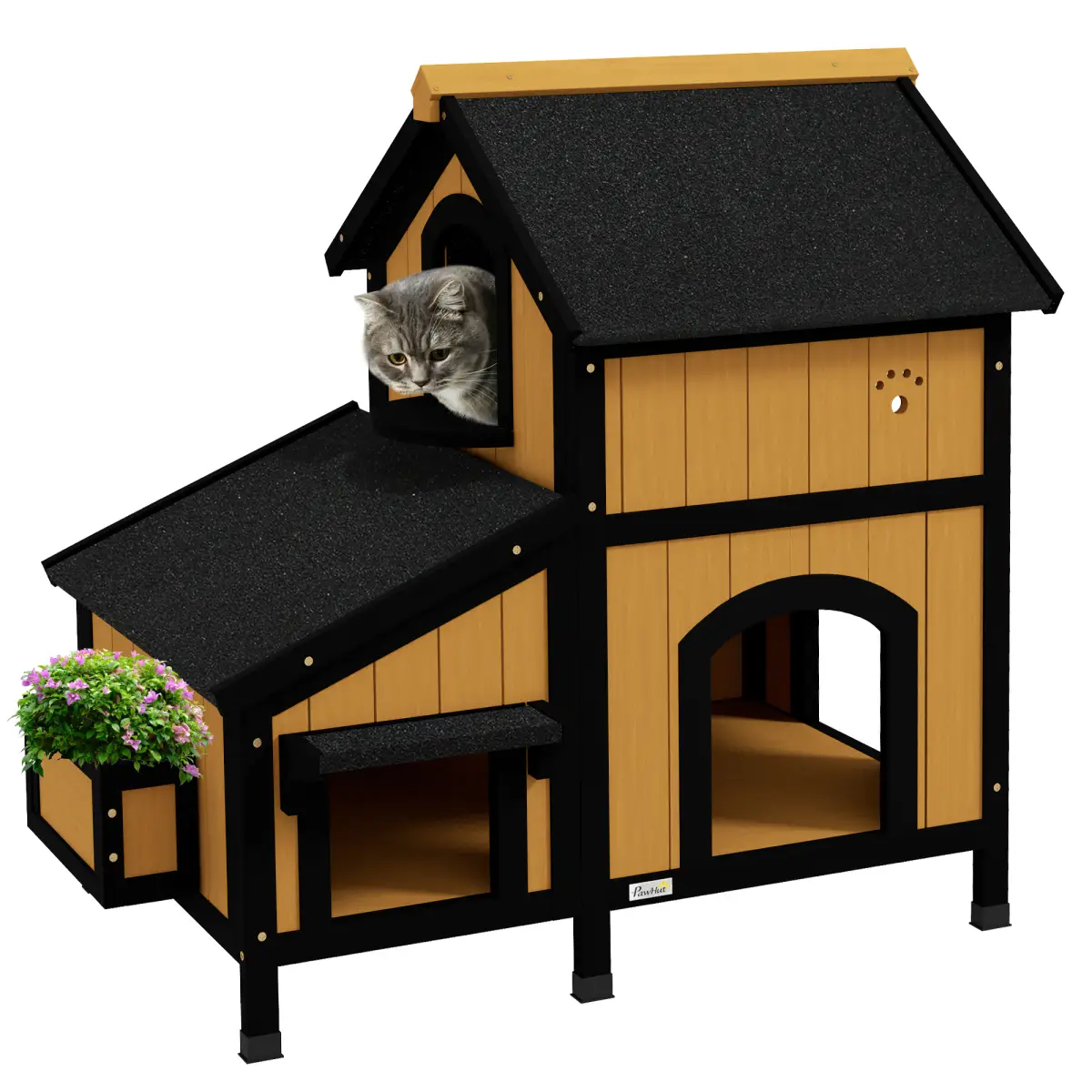 PawHut Wooden Outdoor Cat House w/ Flower Pot, Windows, Multiple Entrances - Cat House