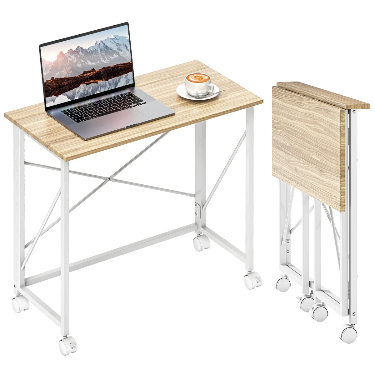 HOMCOM HOMCOM Folding Desk On Wheels Writing Table With Brakes For Home Office And Study - Desk