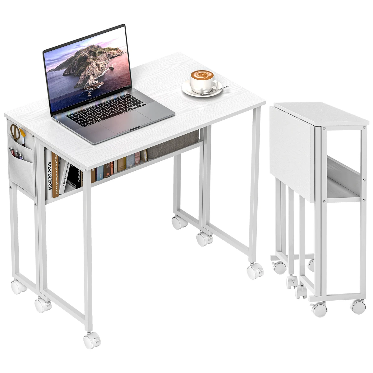 HOMCOM HOMCOM Foldable Computer Desk 80cm Wide On Wheels with Drop Leaf and Storage Shelf for Small Spaces - Desk