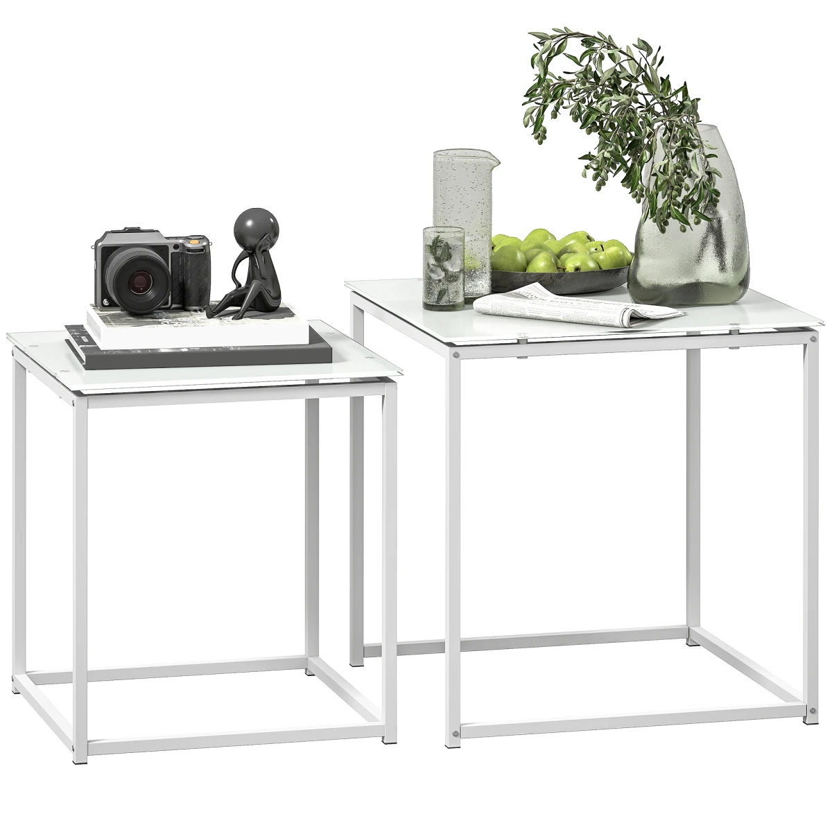 HOMCOM Nest of 2 Side Tables Glass Tops With Steel Frame for Living Room and Bedroom - Nest of Tables
