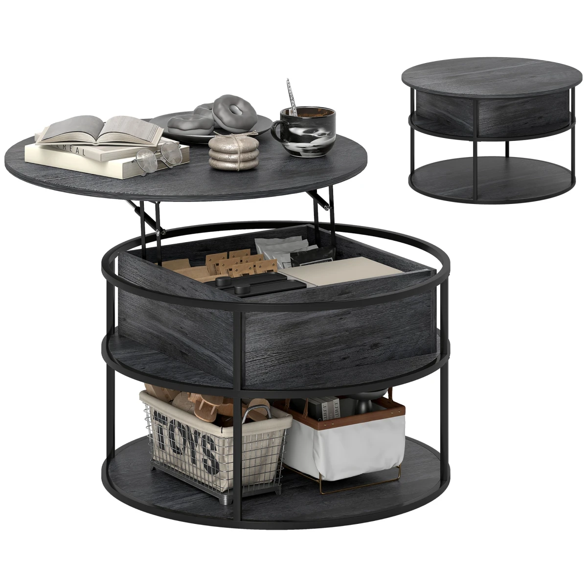 HOMCOM Lift Top Round Coffee Table With Hidden Storage Brown Finish For Small Living Rooms by HOMCOM