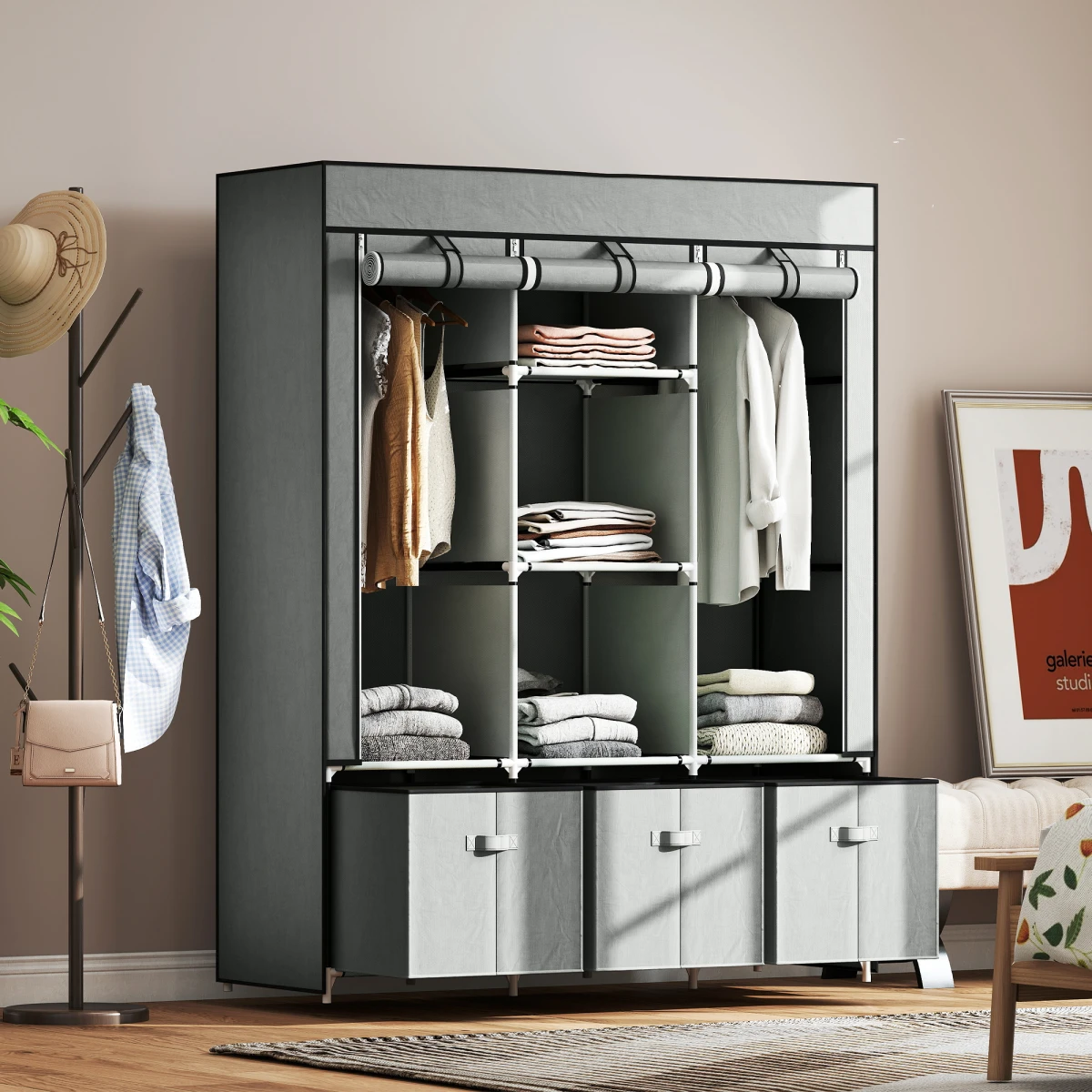 HOMCOM HOMCOM Portable Wardrobe w/ 5 Shelves 3 Fabric Drawers and 2 Hanging Rails -