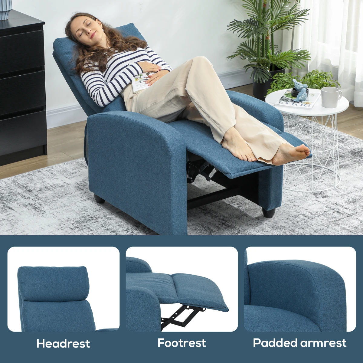HOMCOM Linen Recliner Chair 135 Degree Recline Comfort Blue by HOMCOM