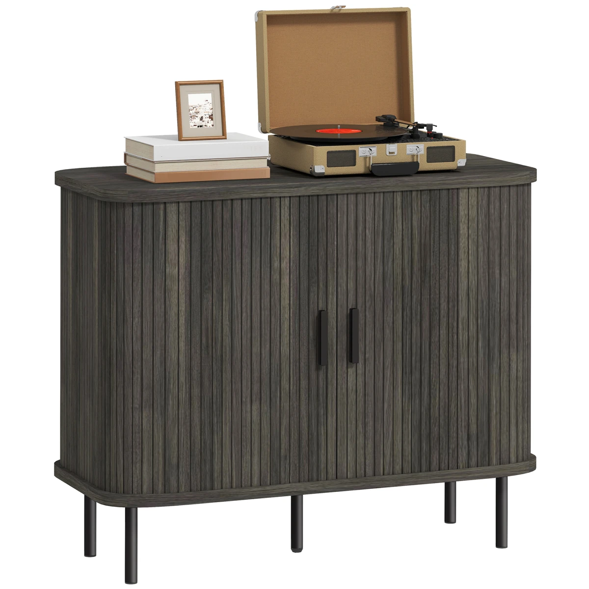 HOMCOM Sideboard Storage Cabinet Grey Slatted Tambour Sliding Doors Two Compartments Modern Rustic Living Room Console - Sideboard