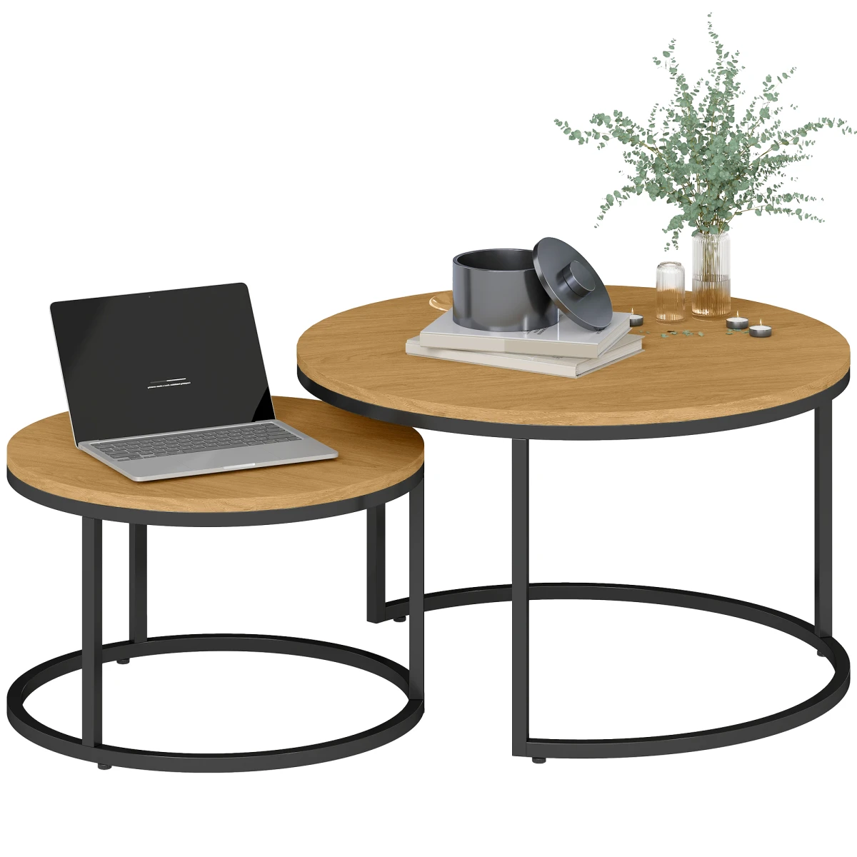 HOMCOM Wood Effect Stackable Coffee Tables Set Small Large With Round Tops And Steel Frame For Living Room - Coffee Table