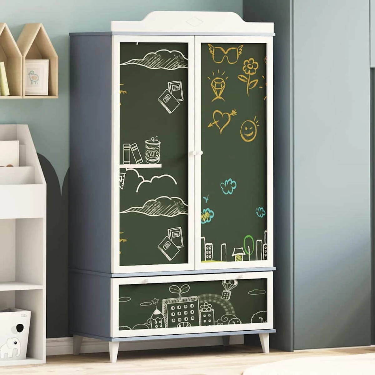 vidaXL vidaXL Chalkboard Wardrobe Cabinet Two Door Drawer Chalkboard Finish For Kids Room - Wardrobe