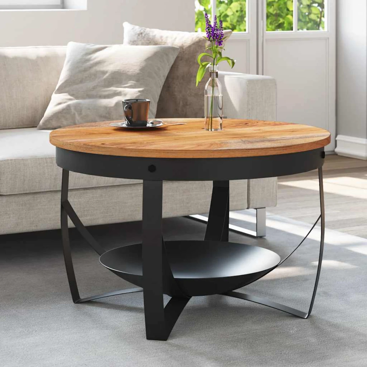 VidaXL Coffee Table Dia 68 cm x H 43 cm Rough Mango Wood Top Industrial Iron Base Living Room Decor by vidaXL
