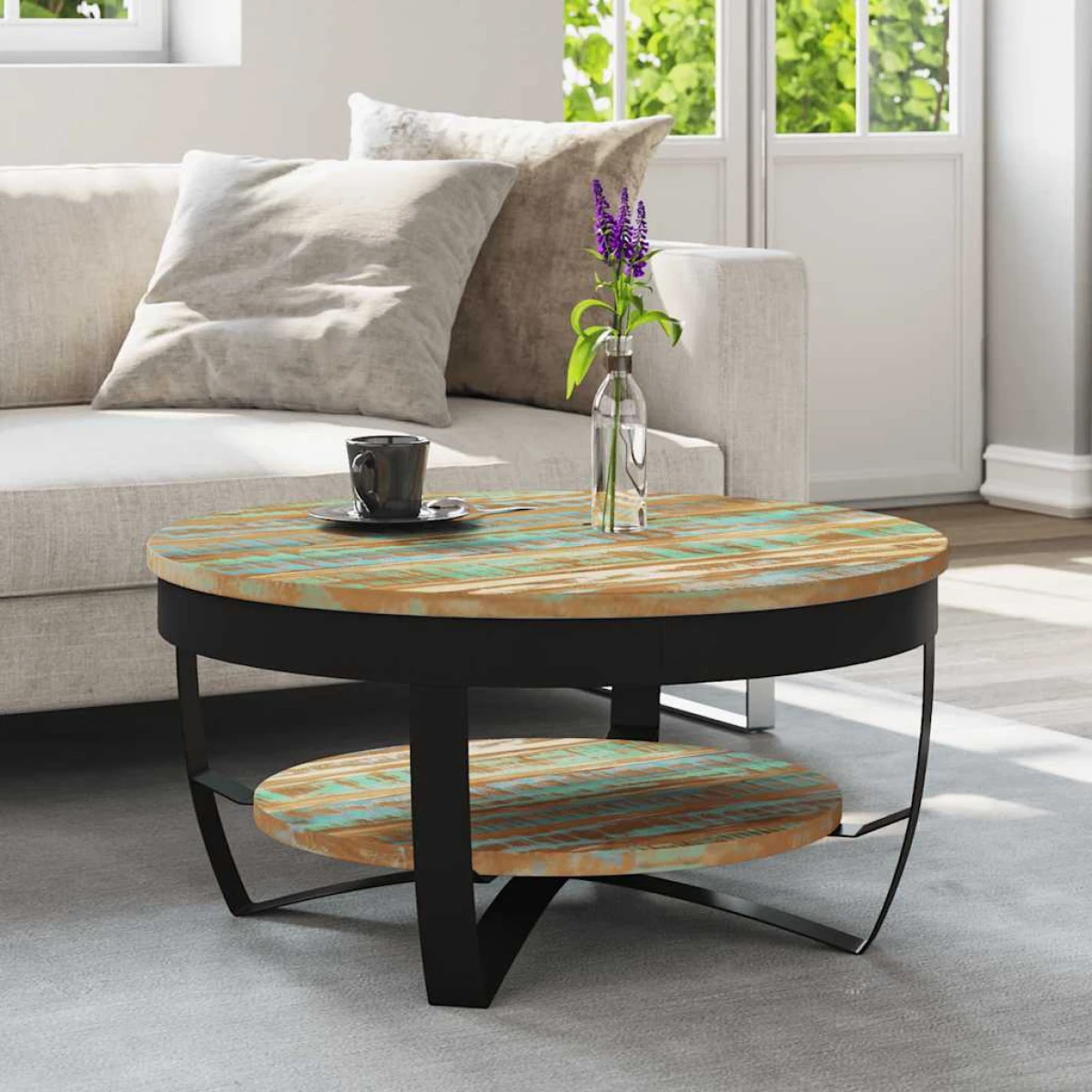 VidaXL Coffee Table Dia 68 cm x H 43 cm Rough Mango Wood Top Industrial Iron Base Living Room Decor by vidaXL