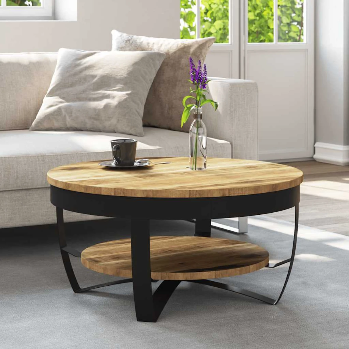 vidaXL VidaXL Coffee Table Dia 68 cm x H 43 cm Rough Mango Wood Top Industrial Iron Base Living Room Decor - Coffee Table