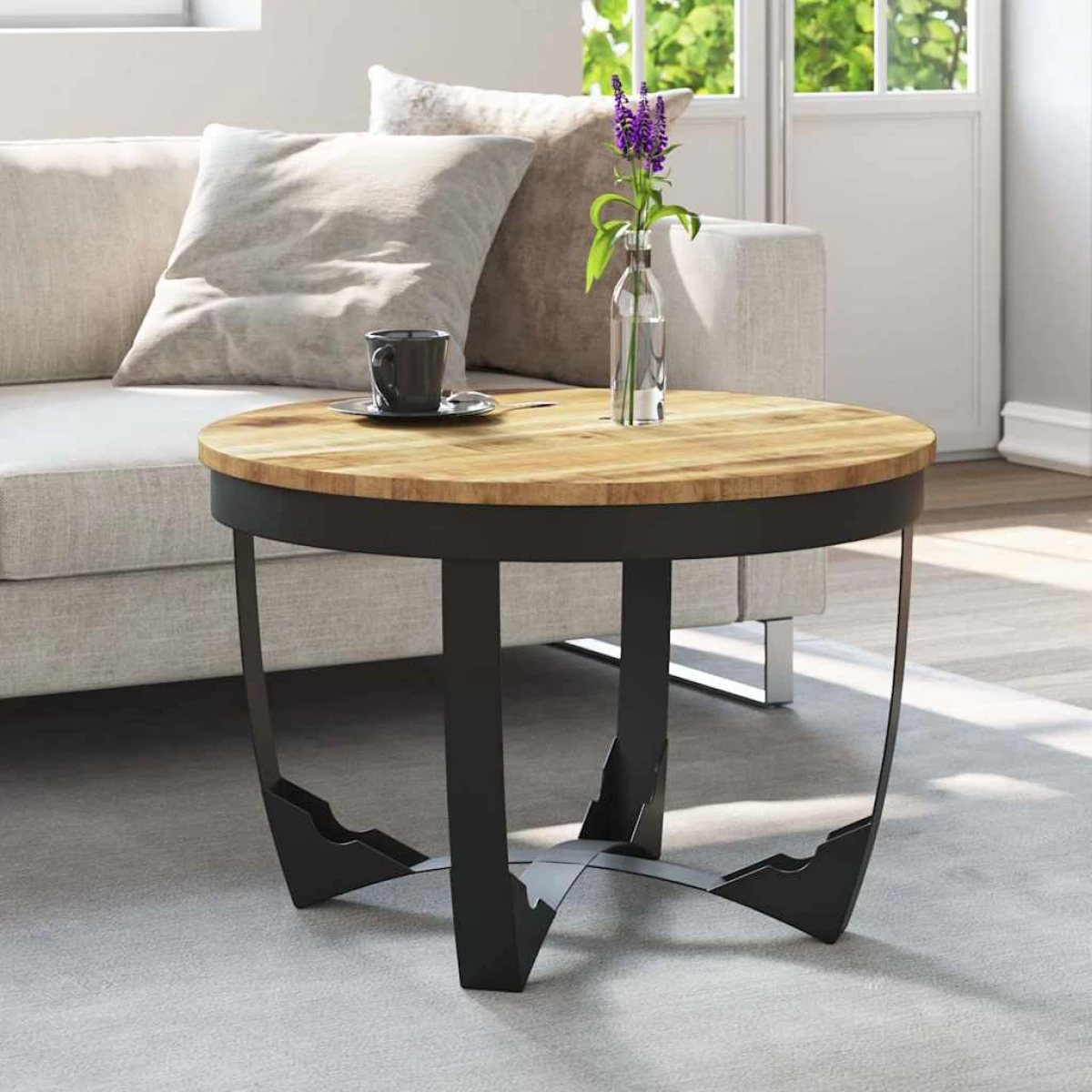 vidaXL VidaXL Coffee Table Dia 68 cm x H 43 cm Rough Mango Wood Top Industrial Iron Base Living Room Decor - Coffee Table