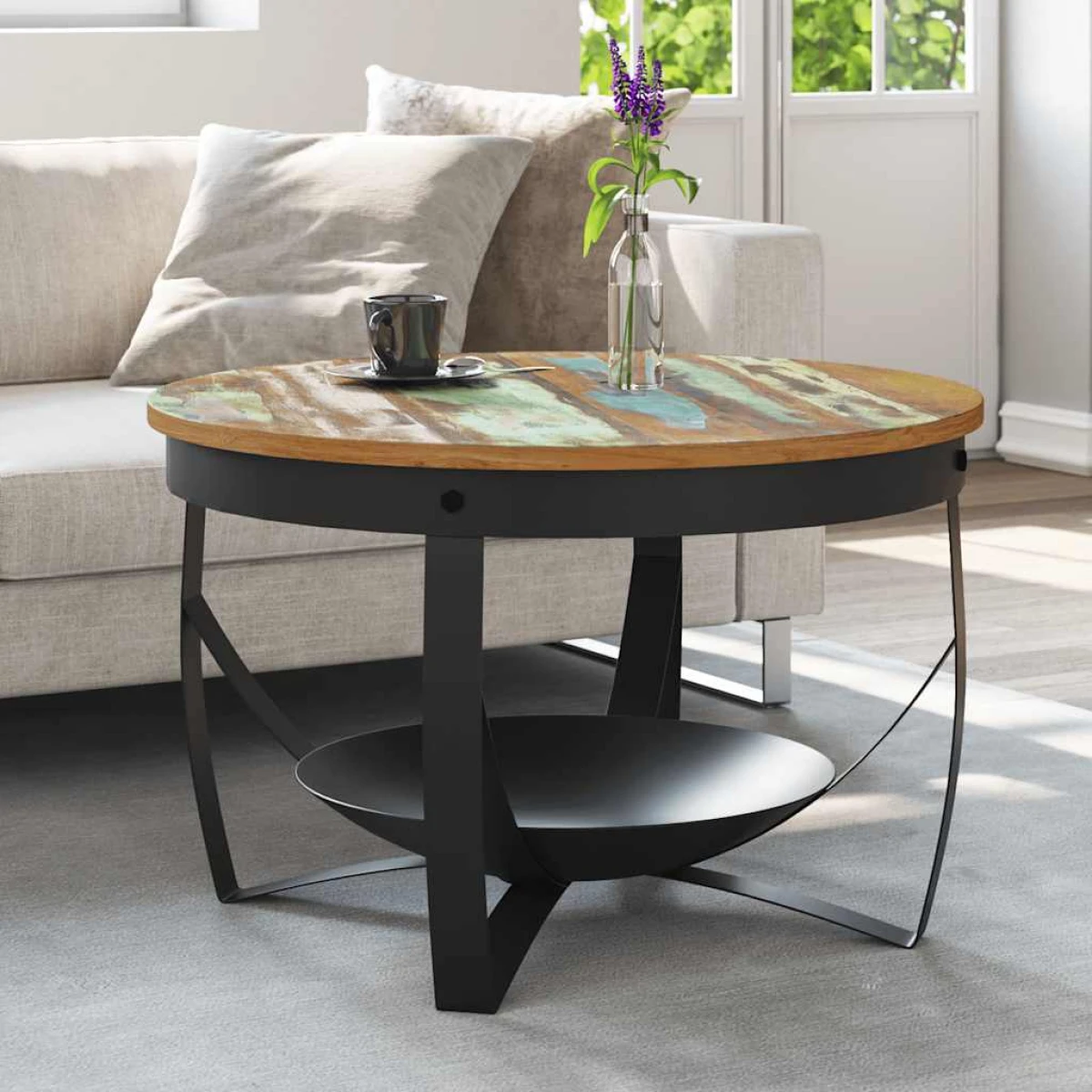 vidaXL VidaXL Coffee Table Dia 68 cm x H 43 cm Rough Mango Wood Top Industrial Iron Base Living Room Decor - Coffee Table