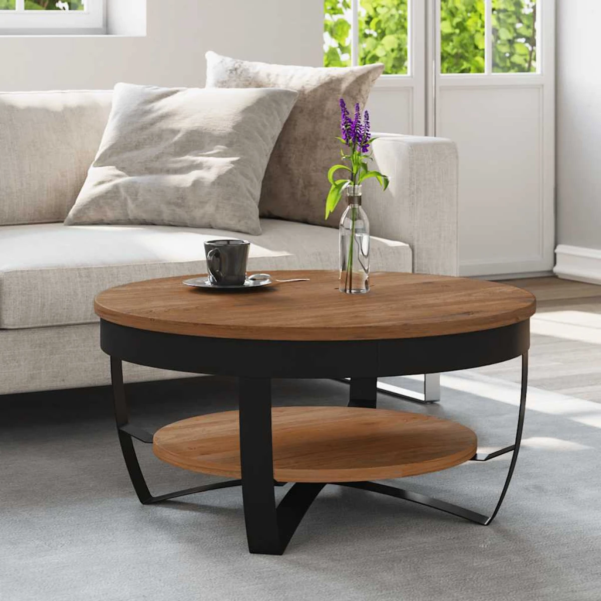 vidaXL VidaXL Coffee Table Dia 68 cm x H 43 cm Rough Mango Wood Top Industrial Iron Base Living Room Decor - Coffee Table