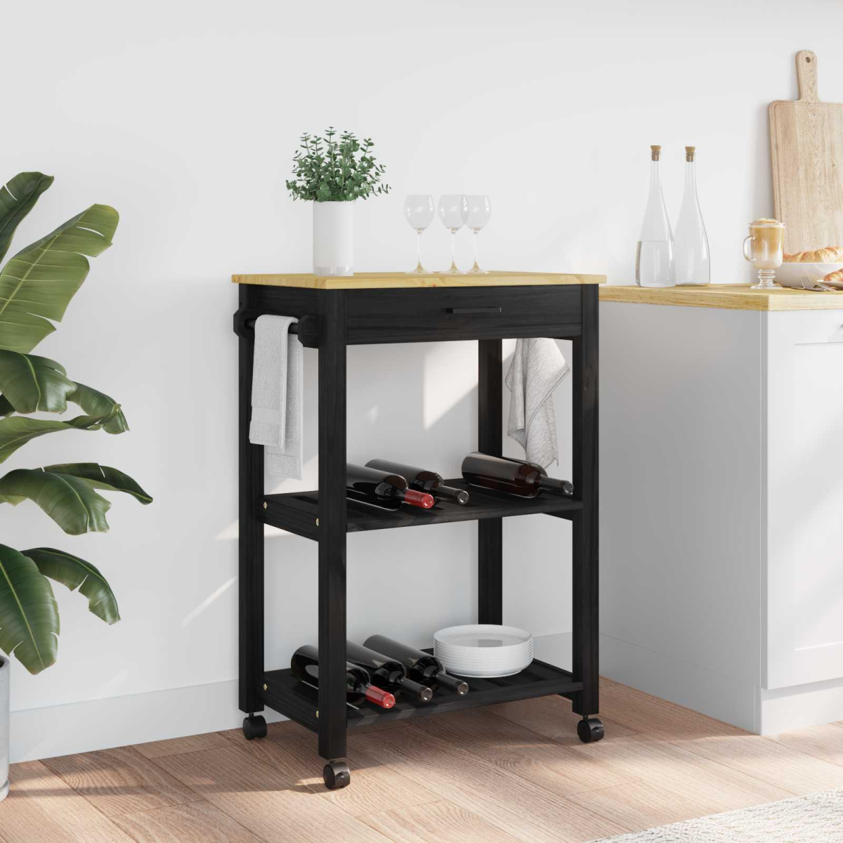 vidaXL Kitchen Trolley MONZA Black 48 x 40 x 88.5 cm Solid Pine Wood - from vidaXL