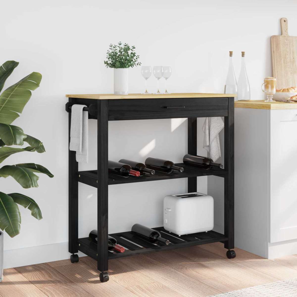 vidaXL Kitchen Trolley MONZA Black 48 x 40 x 88.5 cm Solid Pine Wood - from vidaXL