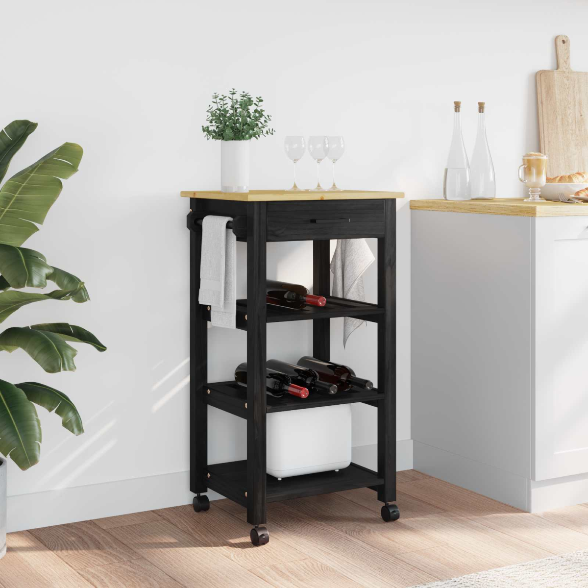 vidaXL Kitchen Trolley MONZA Black 48 x 40 x 88.5 cm Solid Pine Wood - from vidaXL