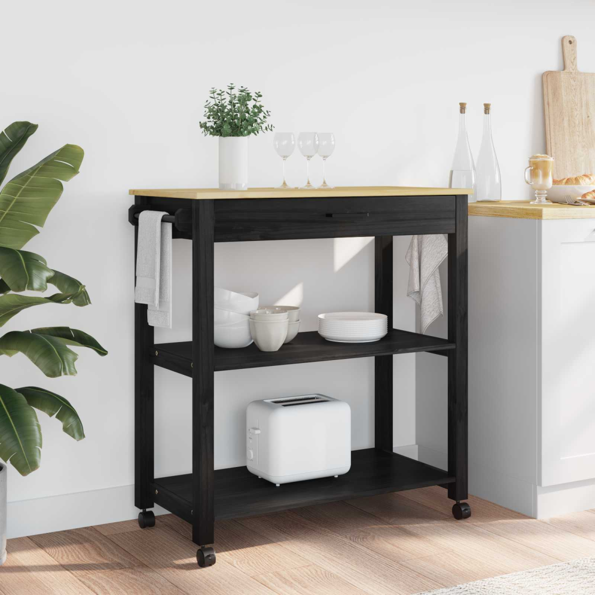 vidaXL Kitchen Trolley MONZA Black 60 x 40 x 88.5 cm Solid Pine Wood - from vidaXL