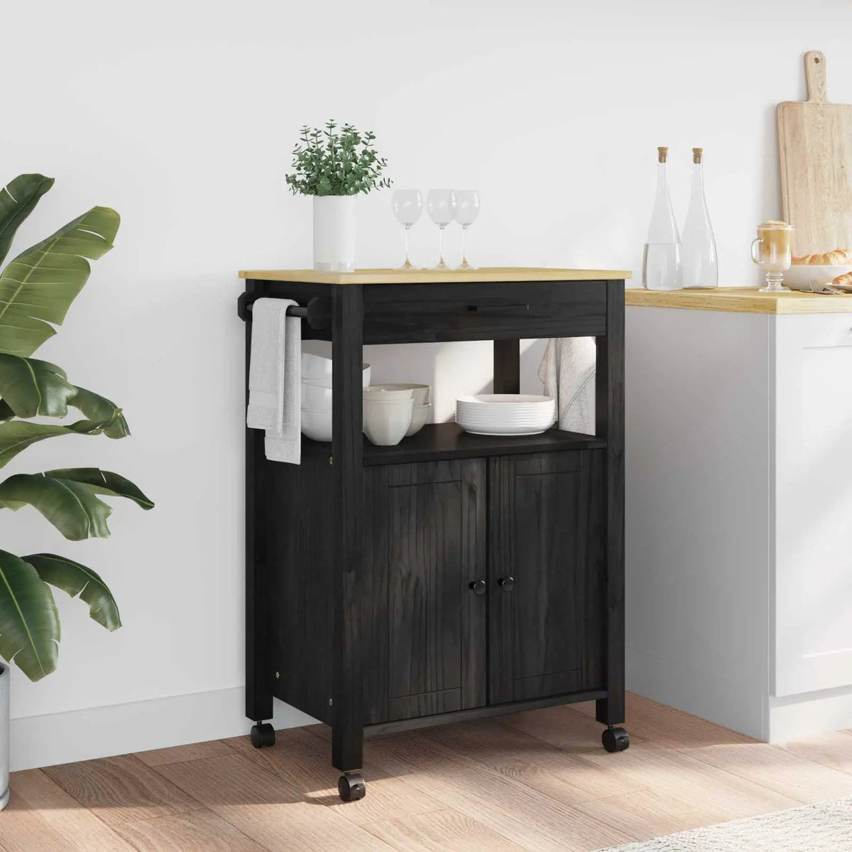 vidaXL Kitchen Trolley MONZA Black 60 x 40 x 88.5 cm Solid Pine Wood - from vidaXL