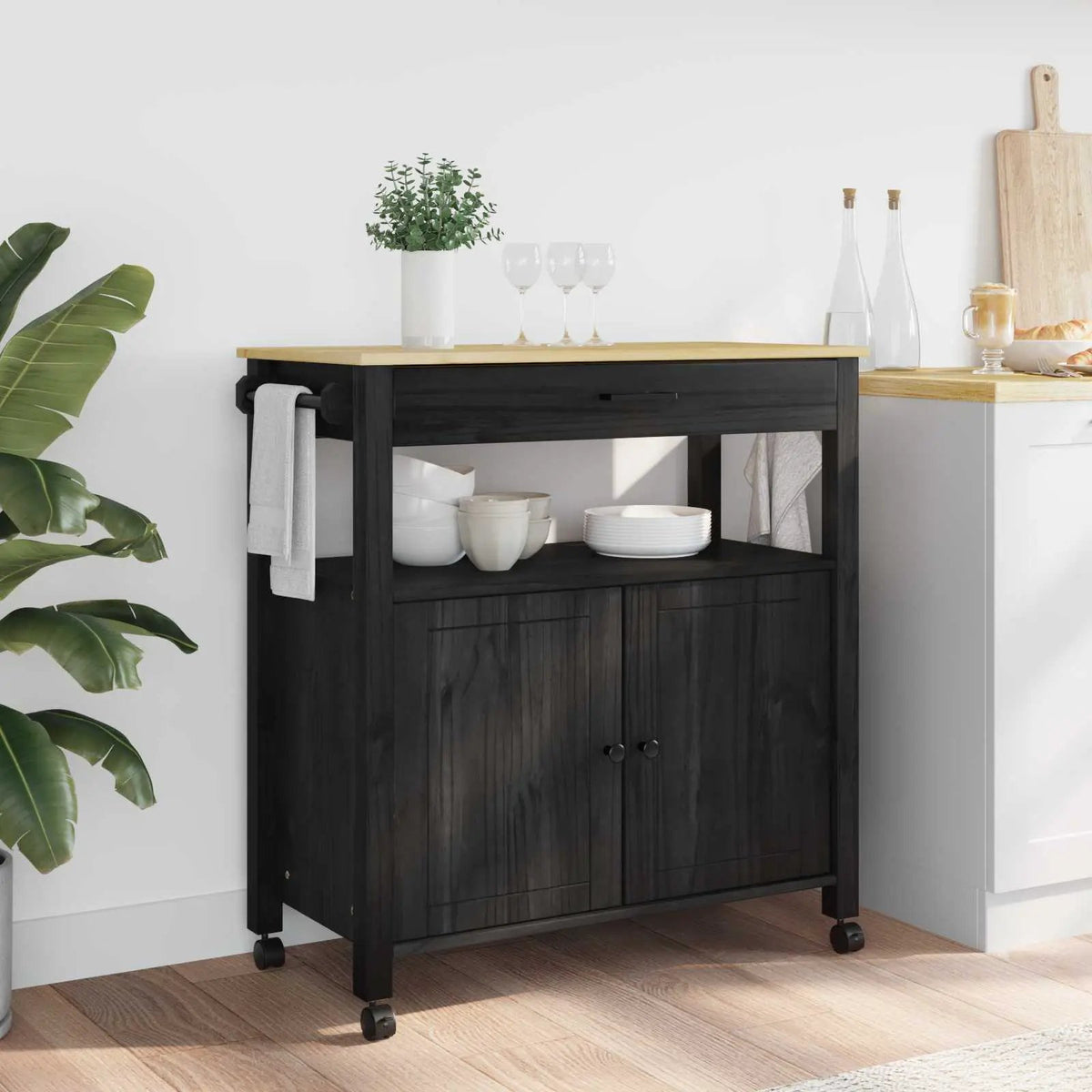 vidaXL Kitchen Trolley MONZA Black 60 x 40 x 88.5 cm Solid Pine Wood - from vidaXL