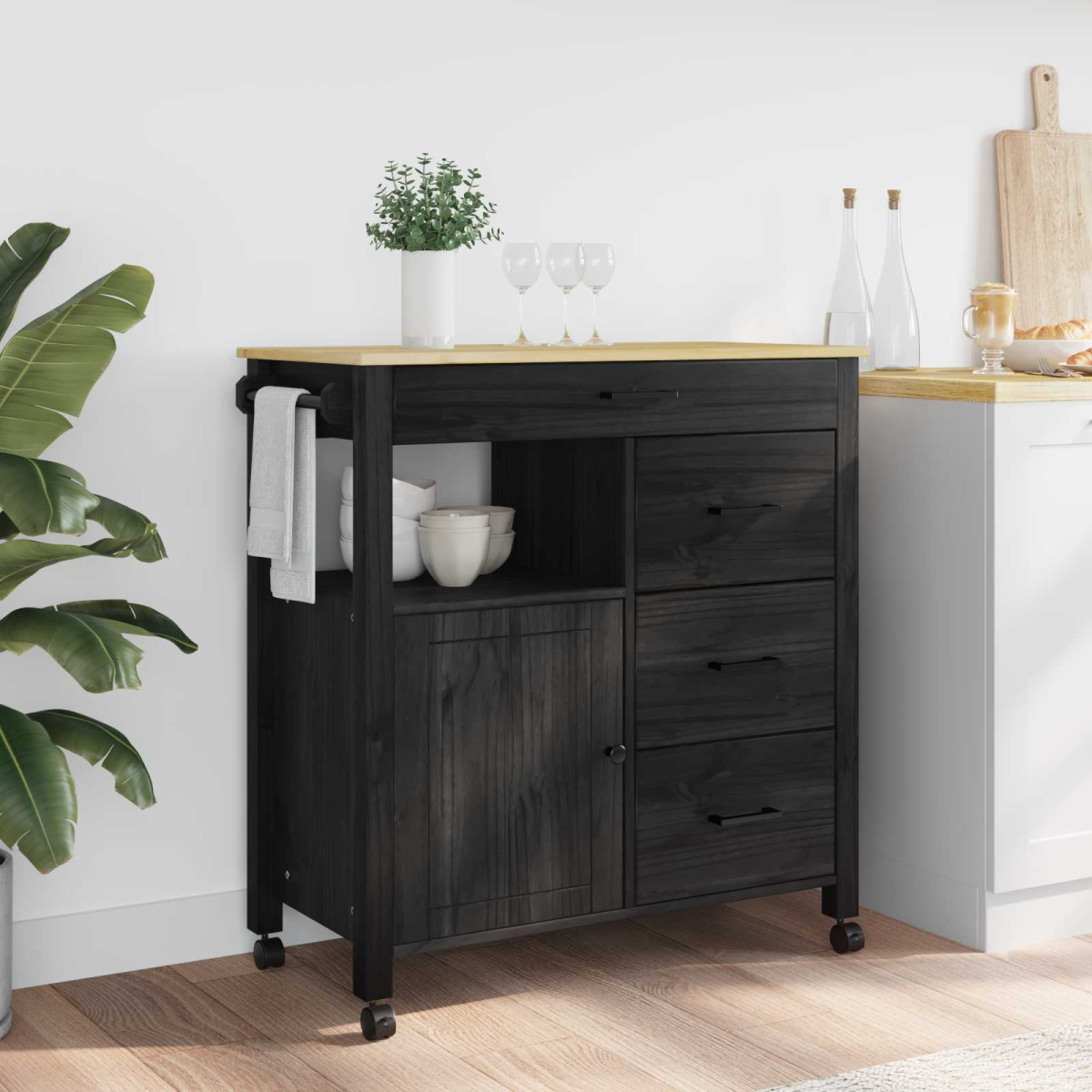 vidaXL Kitchen Trolley MONZA Black 84 x 40 x 88.5 cm Solid Pine Wood - from vidaXL