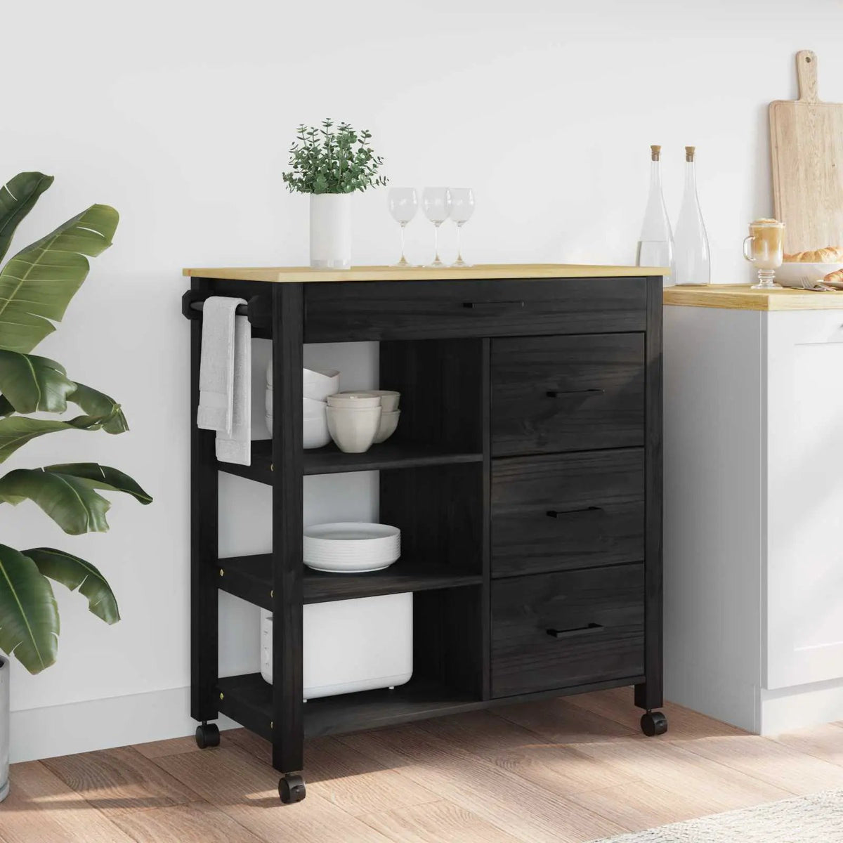 vidaXL Kitchen Trolley MONZA Black 84 x 40 x 88.5 cm Solid Pine Wood - from vidaXL