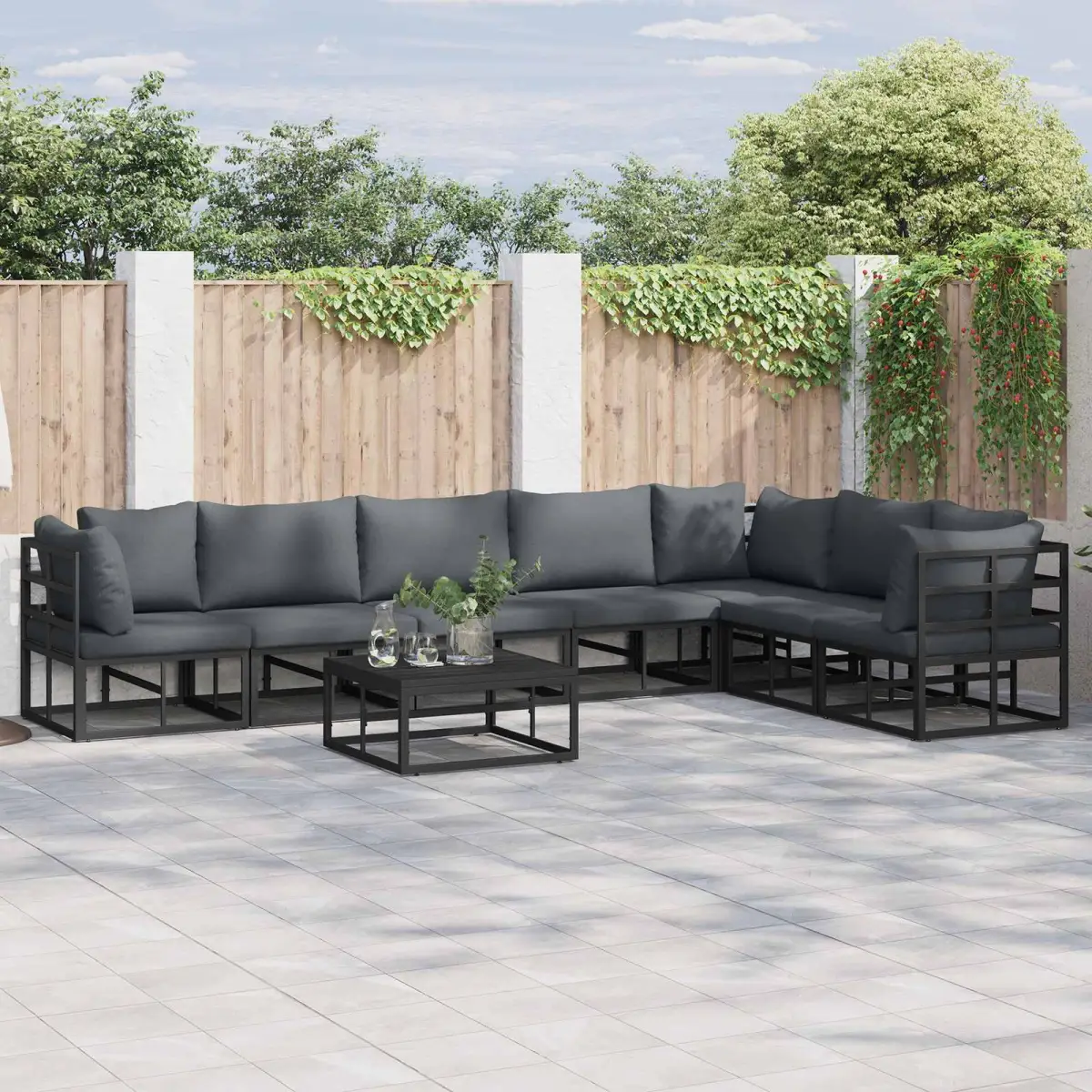 vidaXL vidaXL Garden Sofa Set with Cushion 7 pcs Black Aluminium - Garden Sofa Sets