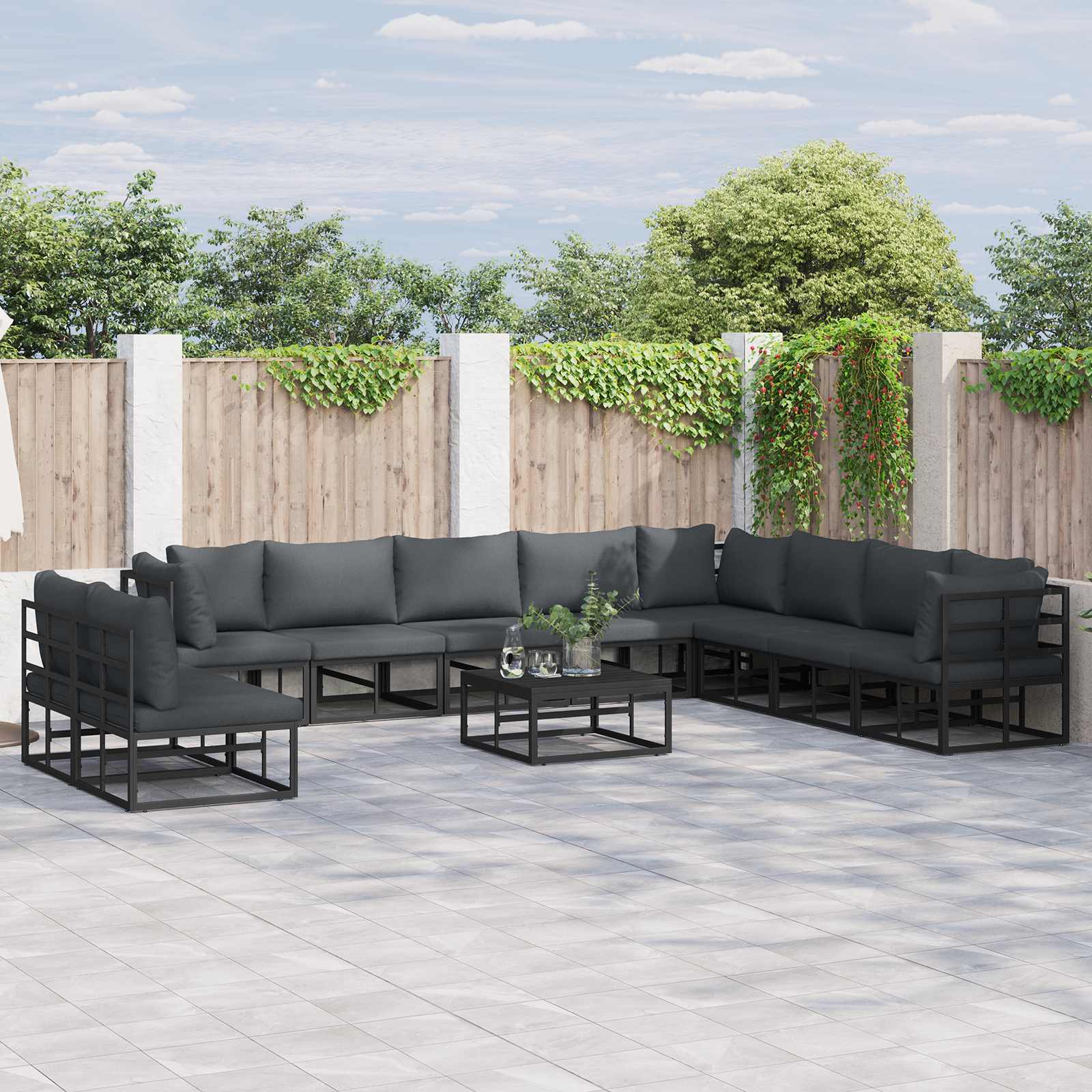 vidaXL vidaXL Garden Sofa Set with Cushion 10 pcs Black Aluminium - Garden Sofa Sets