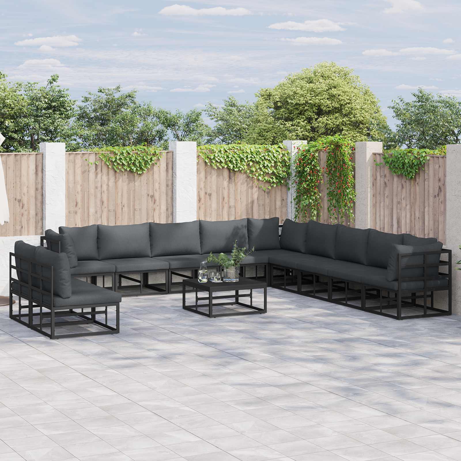 vidaXL vidaXL Garden Sofa Set with Cushion 11 pcs Black Aluminium - Garden Sofa Sets