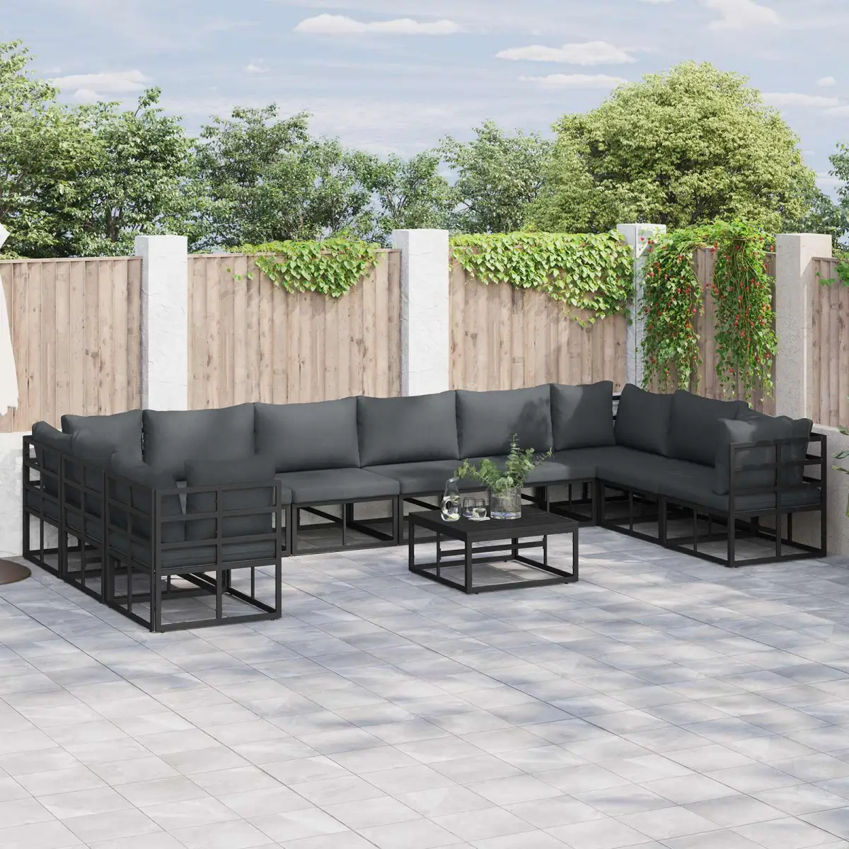vidaXL vidaXL Garden Sofa Set with Cushion 10 pcs Black Aluminium - Garden Sofa Sets