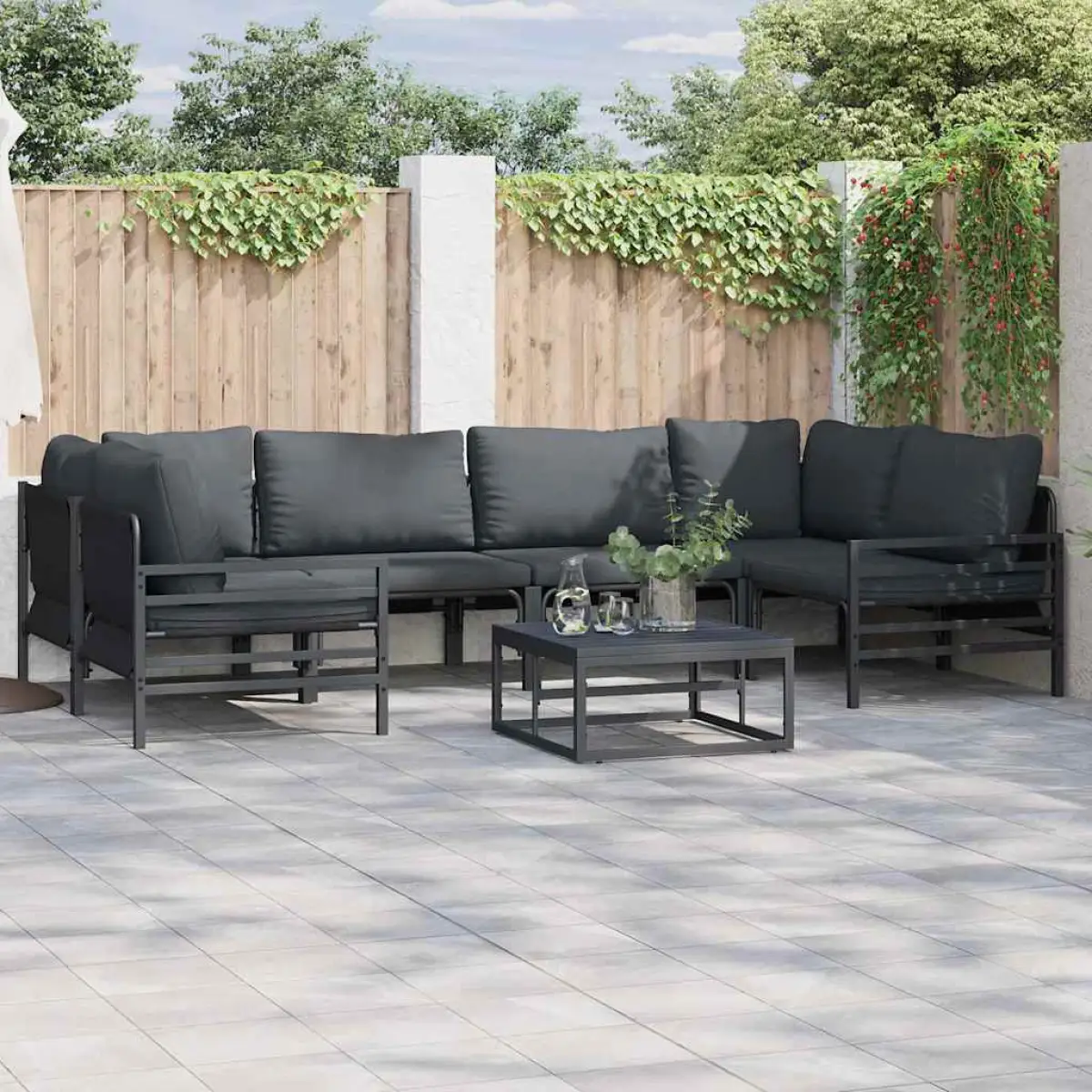 vidaXL vidaXL Garden Sofa Set with Cushion 6 pcs Black Steel - Garden Sofa Sets