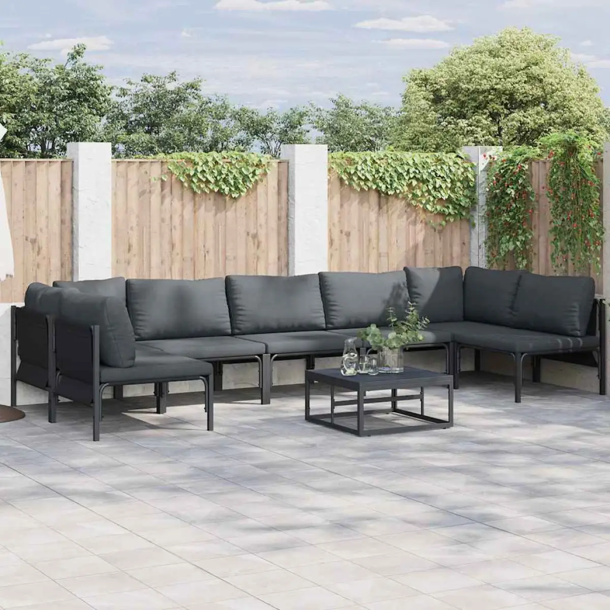 vidaXL vidaXL Garden Sofa Set with Cushion 7 pcs Black Steel - Garden Sofa Sets