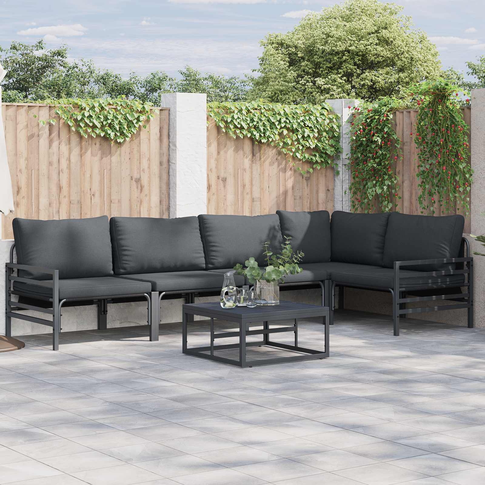 vidaXL vidaXL Garden Sofa Set with Cushion 5 pcs Black Steel - Garden Sofa Sets