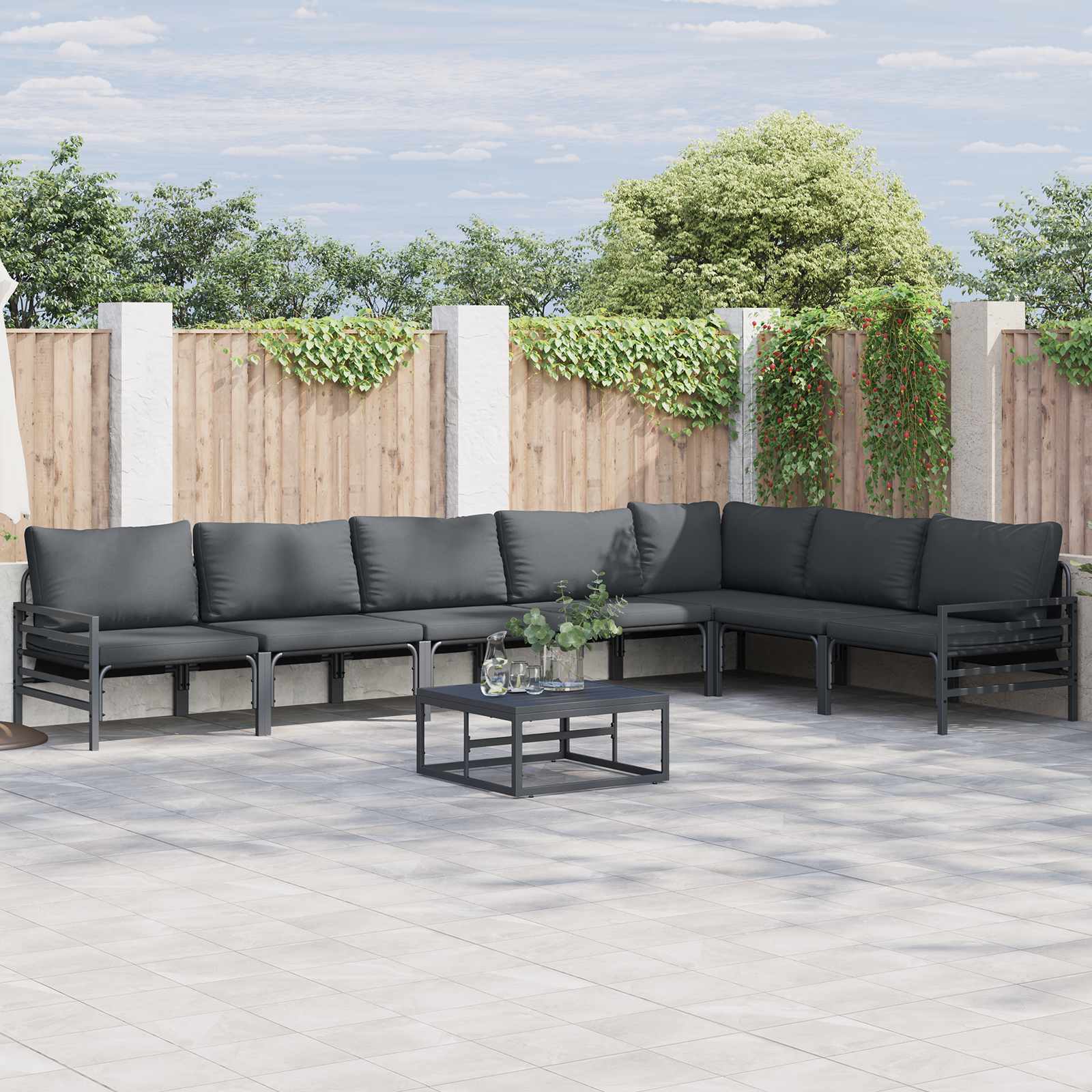 vidaXL vidaXL Garden Sofa Set with Cushion 7 pcs Black Steel - Garden Sofa Sets